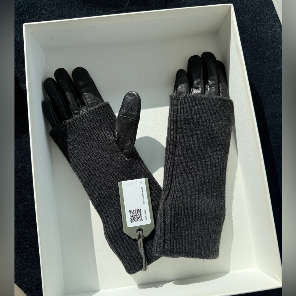 All Saints Charcoal Knit Gloves with Leather Detail- Small